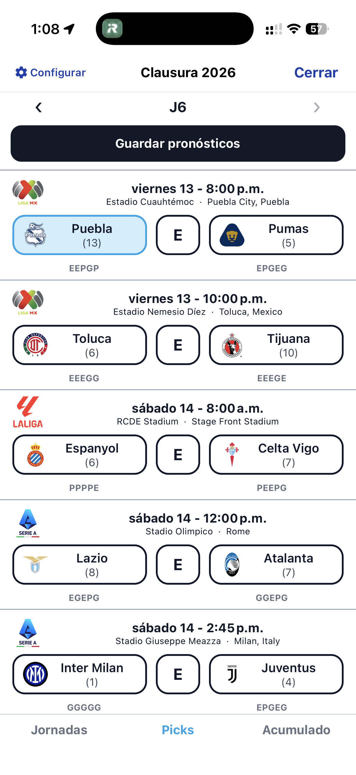 Pantalla de Picks